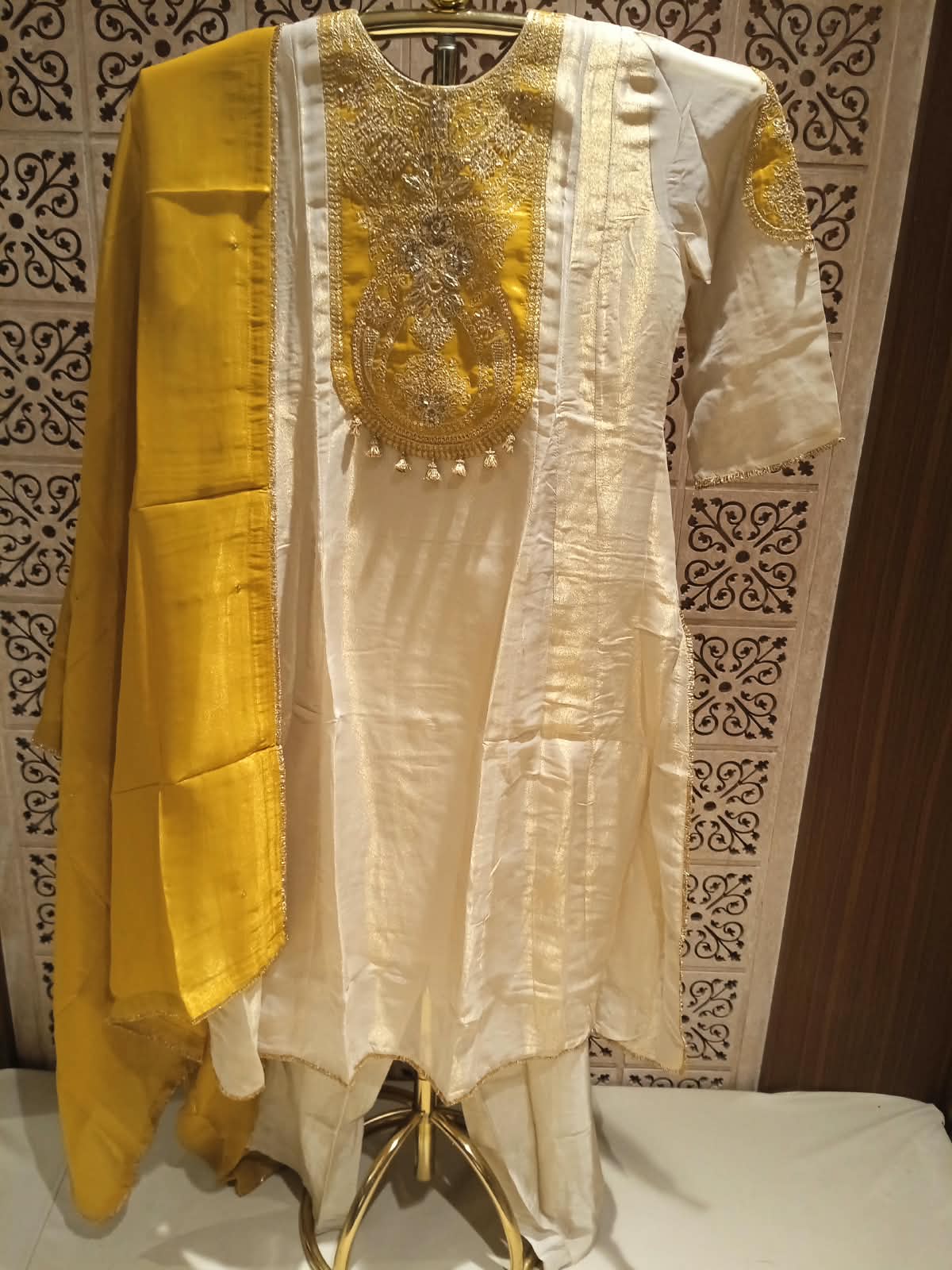 Graceful Off-White & Mustard Yellow Silk Palazzo Suit.
