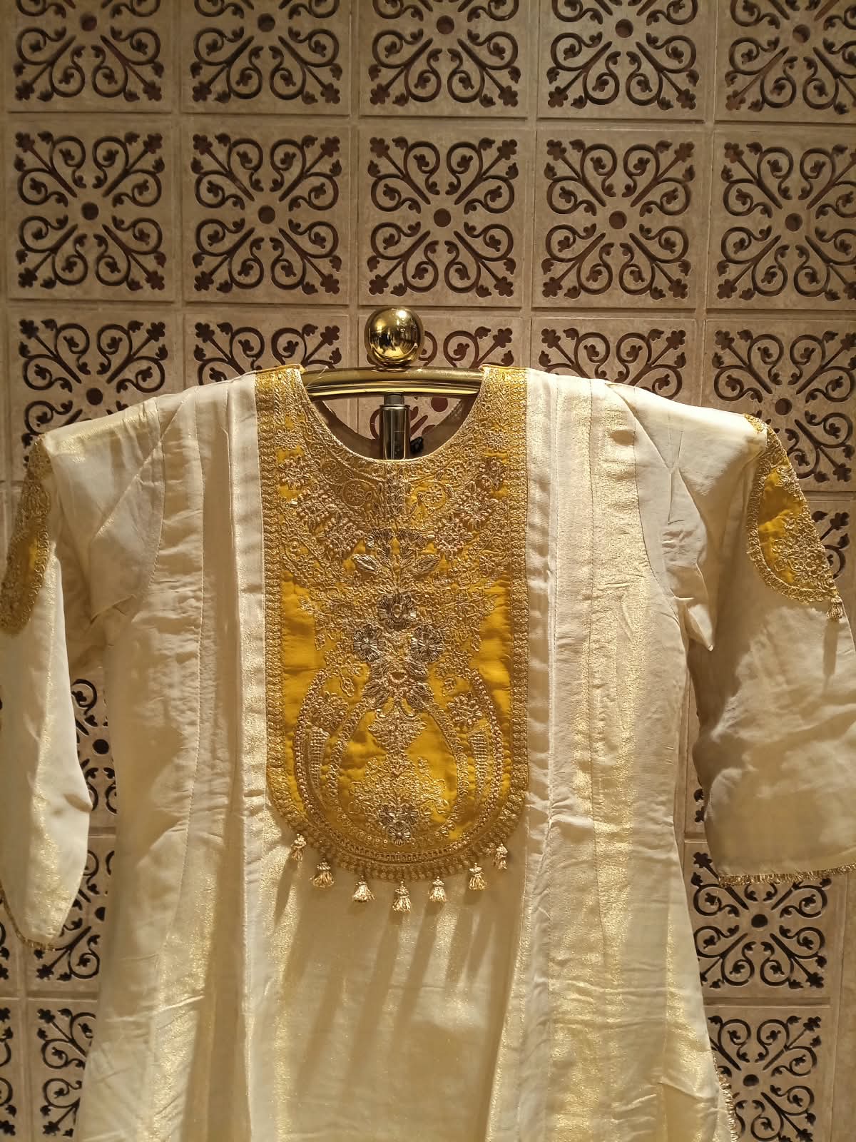 Graceful Off-White & Mustard Yellow Silk Palazzo Suit.