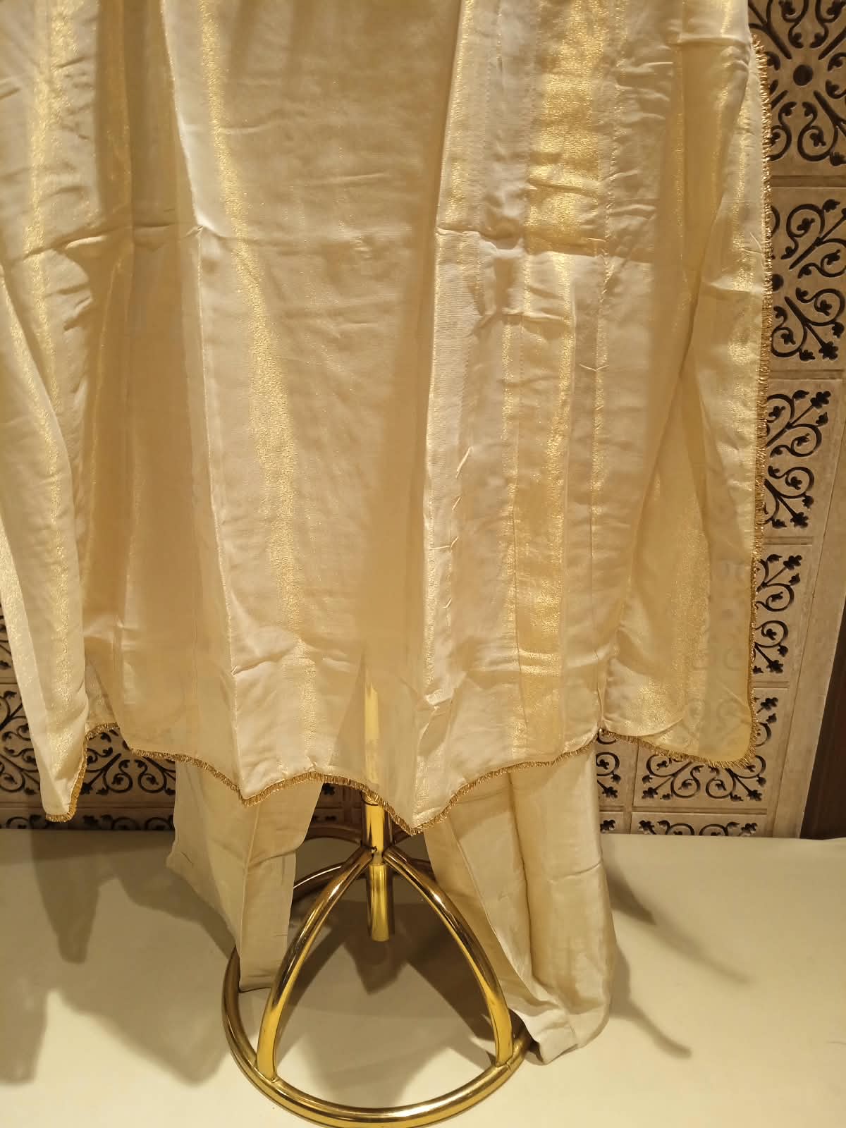 Graceful Off-White & Mustard Yellow Silk Palazzo Suit.