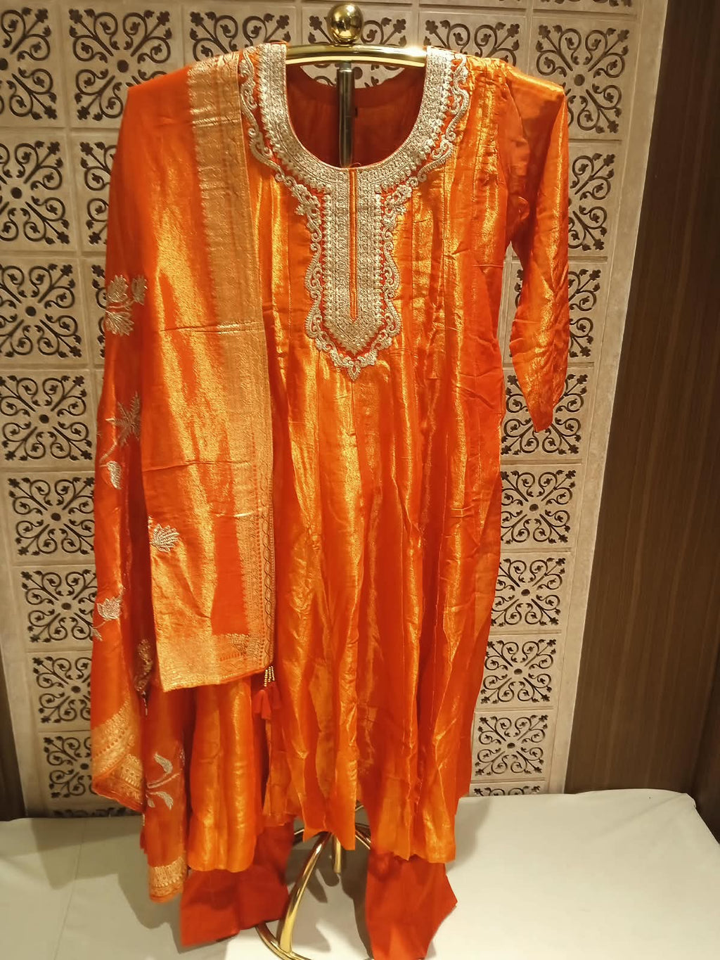 Radiant Tangerine Orange Simmer Silk Anarkali Suit Set.