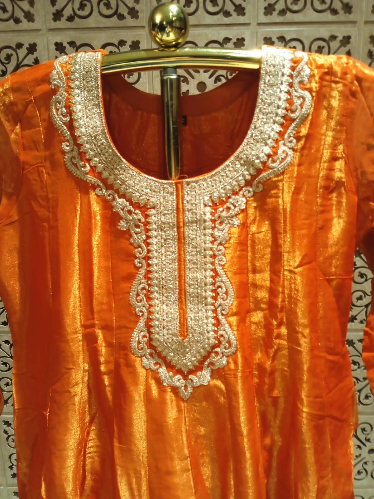 Radiant Tangerine Orange Simmer Silk Anarkali Suit Set.