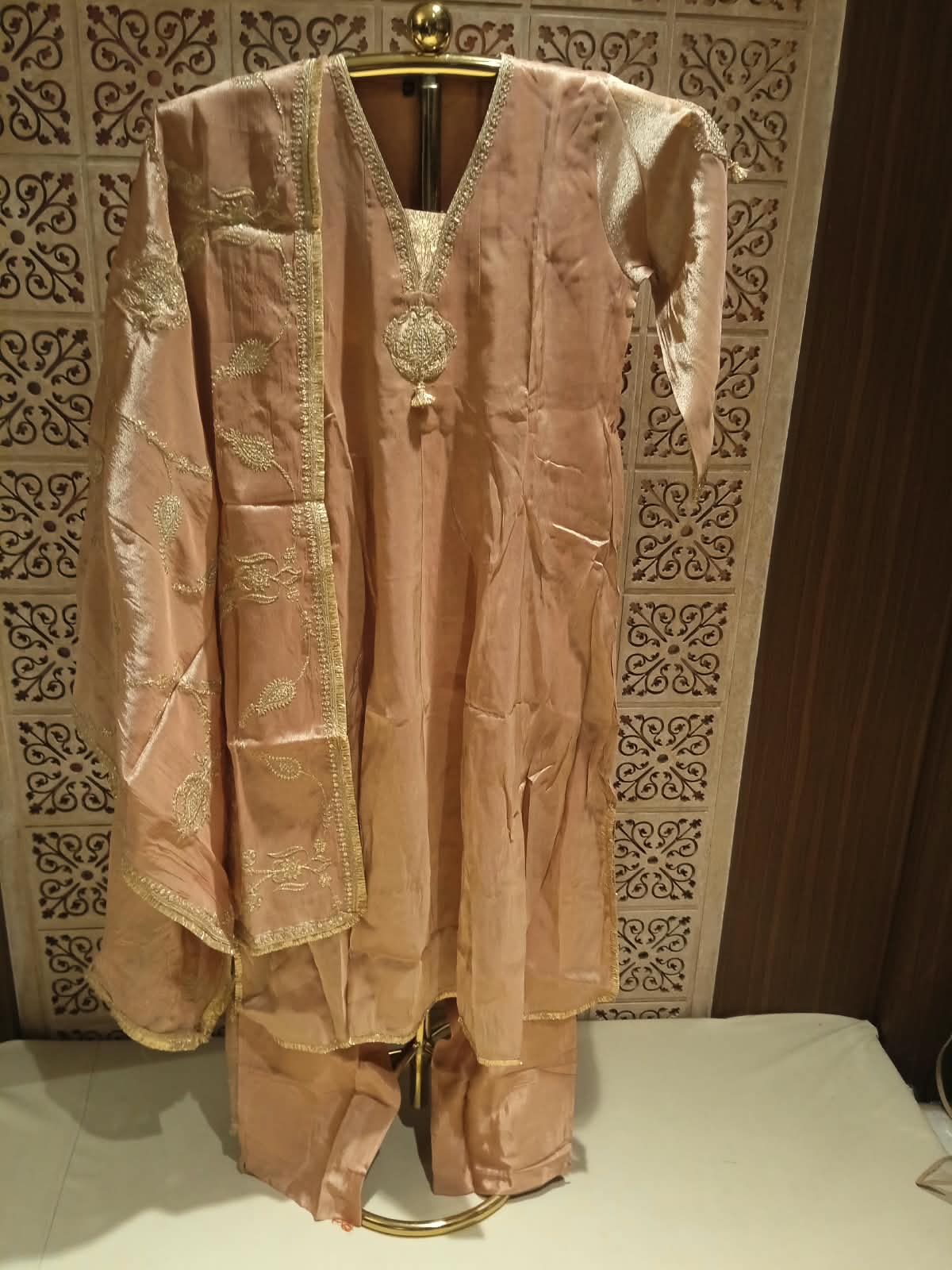 Elegant Golden Simmer Silk Anarkali Suit Set.