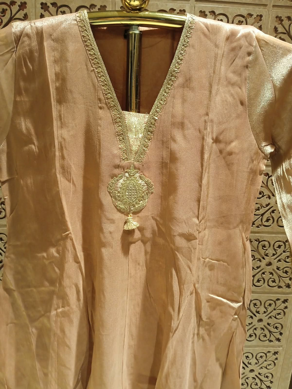 Elegant Golden Simmer Silk Anarkali Suit Set.