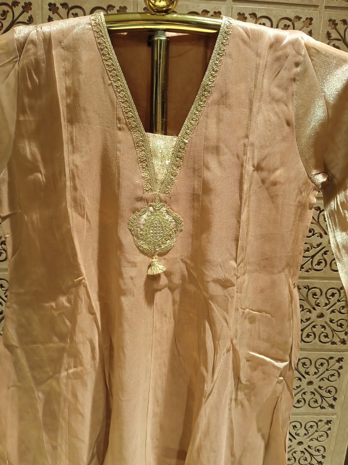 Elegant Golden Simmer Silk Anarkali Suit Set.