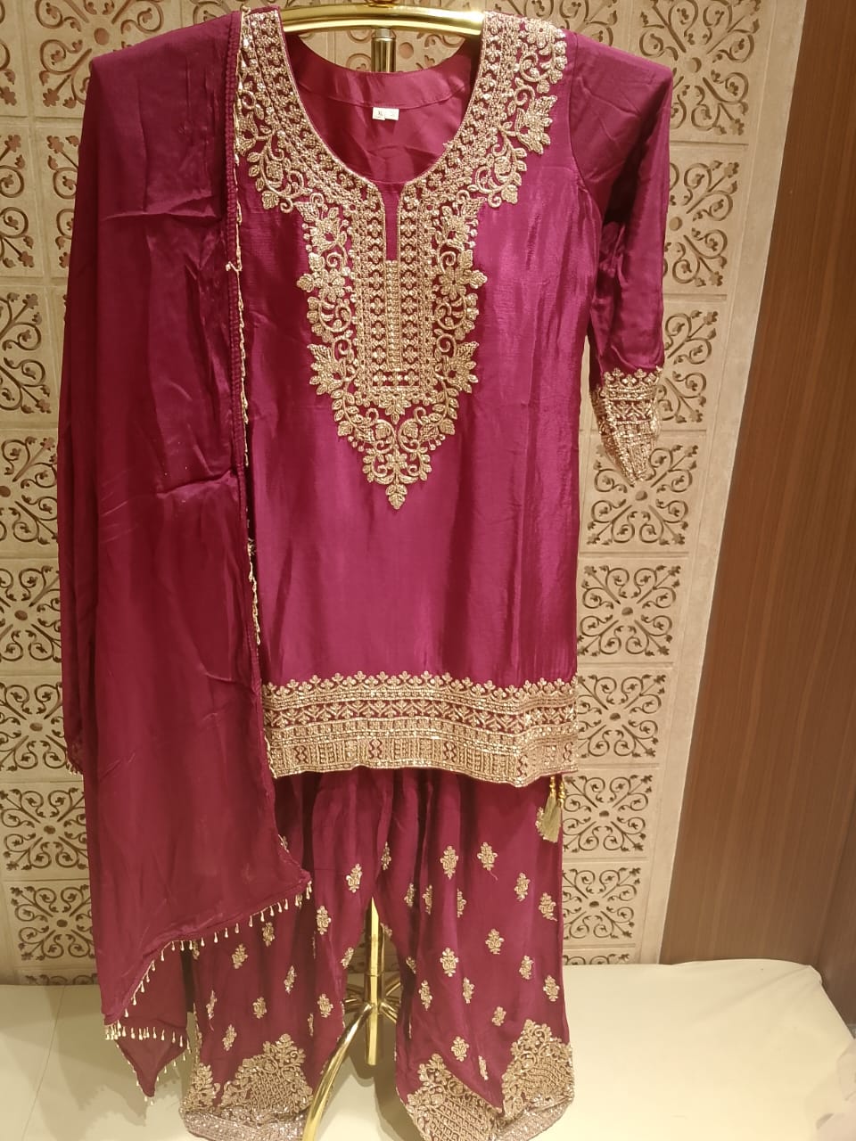 Regal Wine Plum Embroidered Georgette Palazzo Suit Set.
