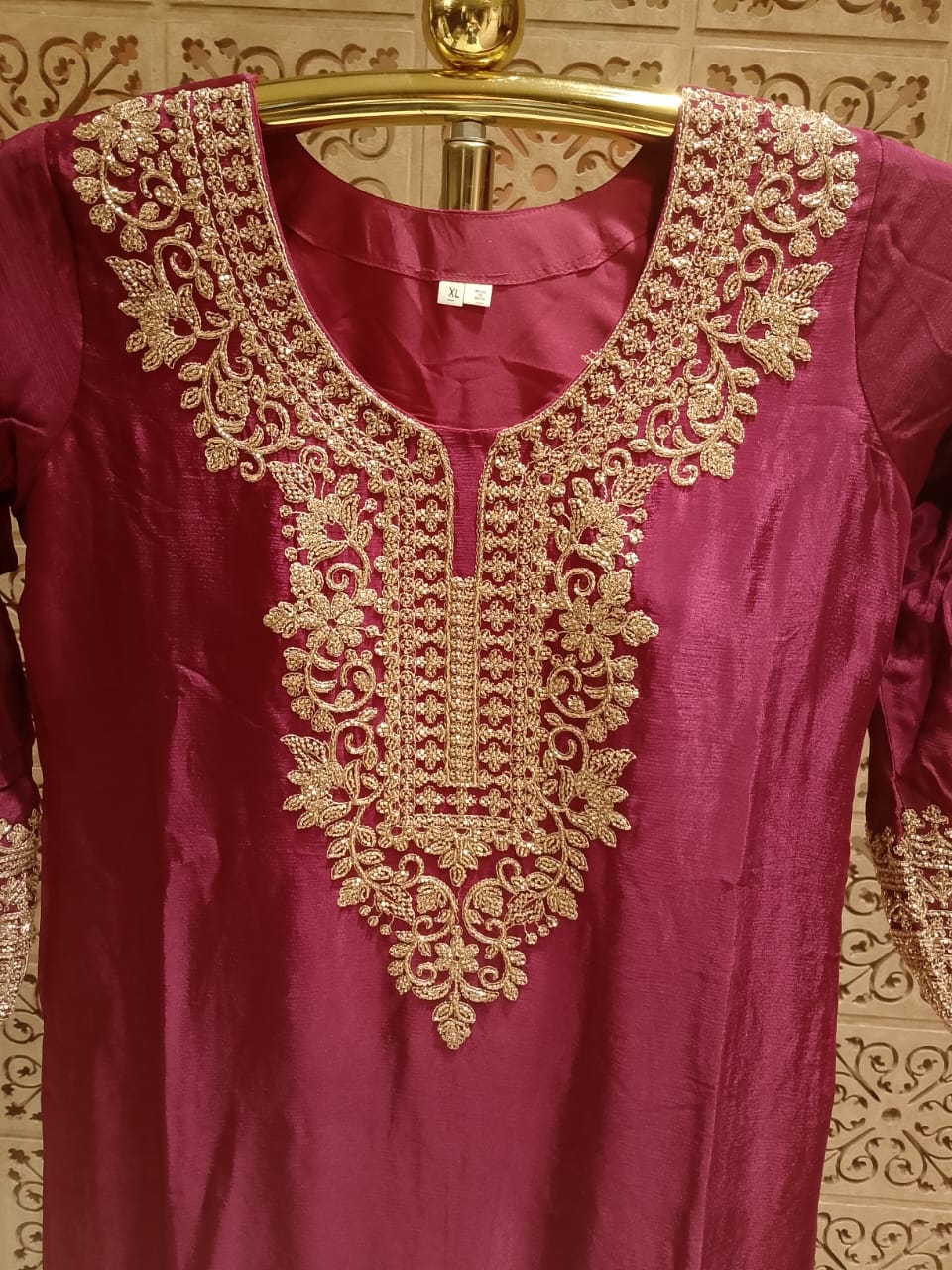 Regal Wine Plum Embroidered Georgette Palazzo Suit Set.
