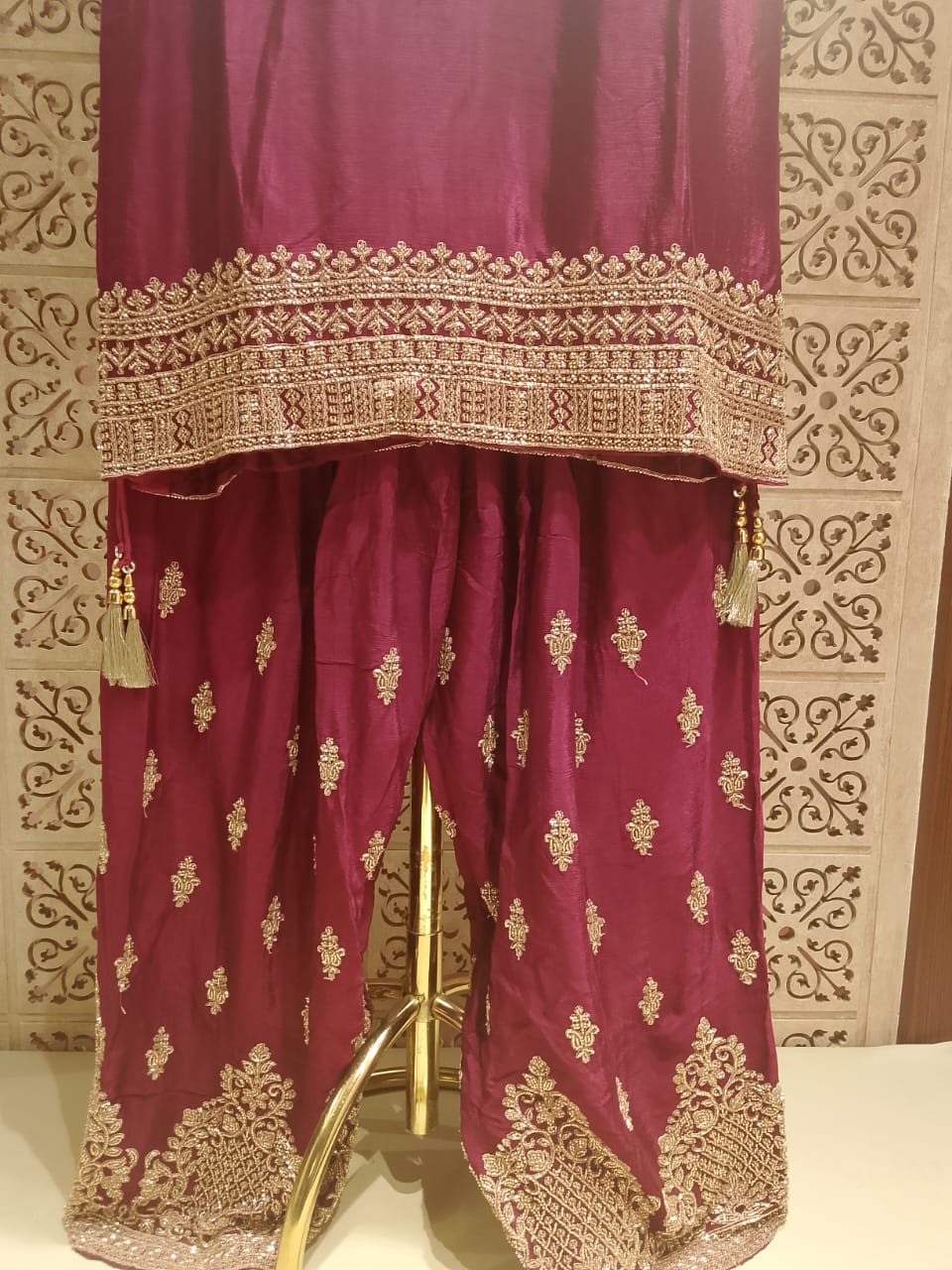 Regal Wine Plum Embroidered Georgette Palazzo Suit Set.