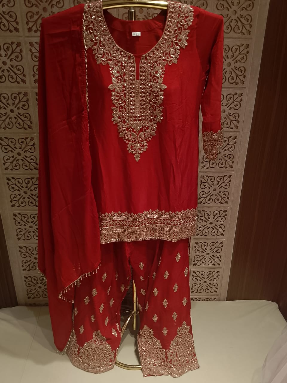 Radiant Crimson Red Embroidered Georgette Palazzo Suit Set.