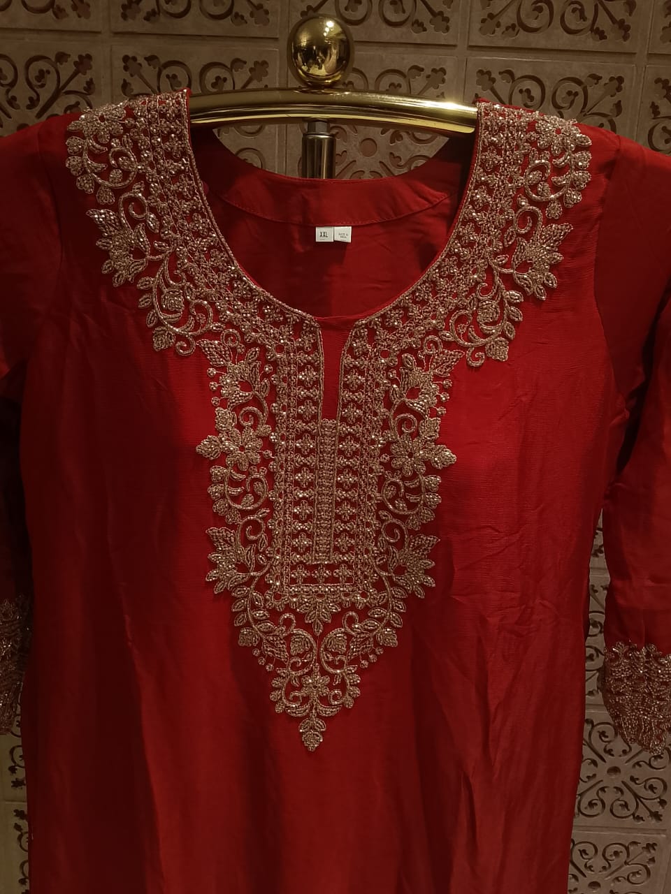 Radiant Crimson Red Embroidered Georgette Palazzo Suit Set.