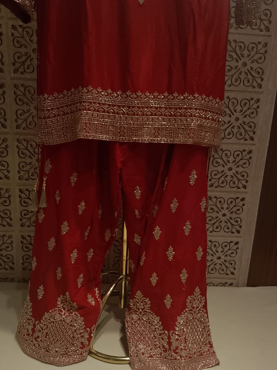Radiant Crimson Red Embroidered Georgette Palazzo Suit Set.
