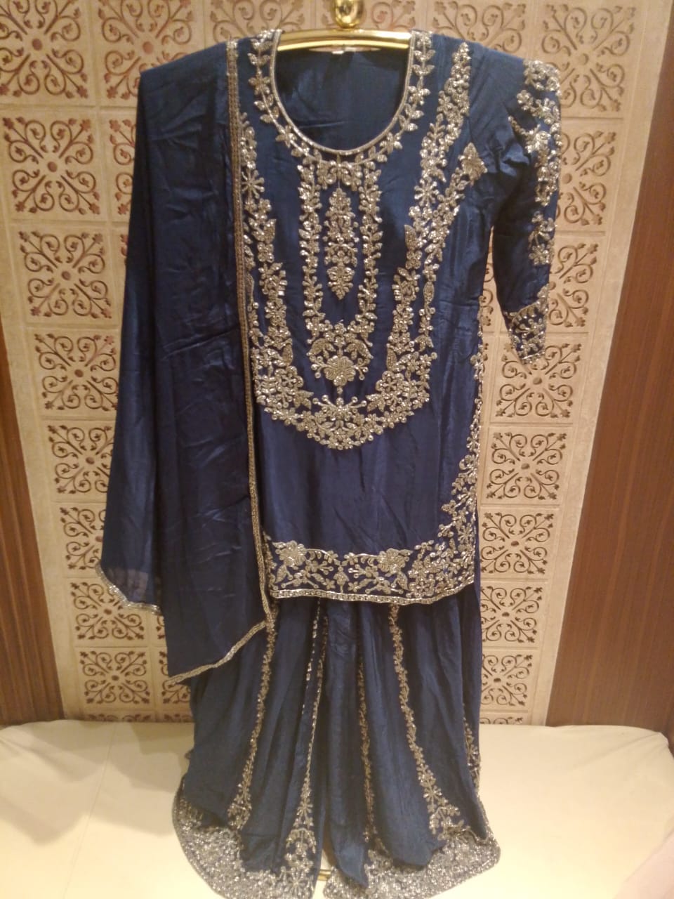 Mid Night Blue Embroidered Georgette Palazzo Suit Set.
