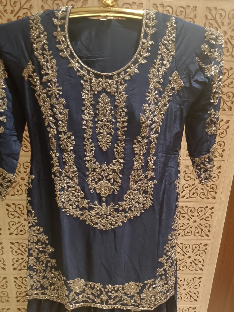 Mid Night Blue Embroidered Georgette Palazzo Suit Set.