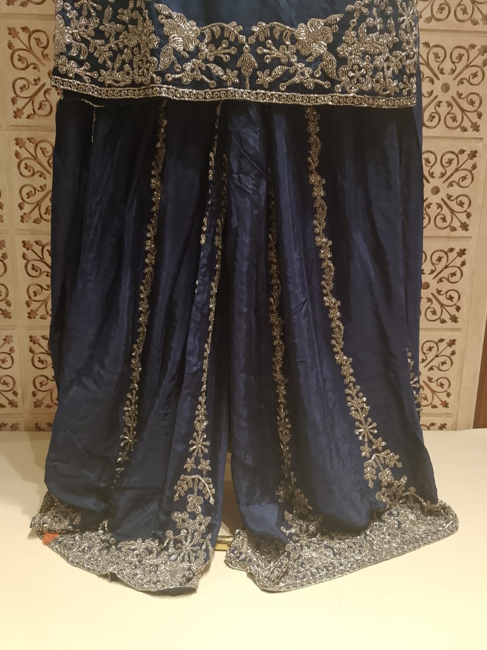 Mid Night Blue Embroidered Georgette Palazzo Suit Set.