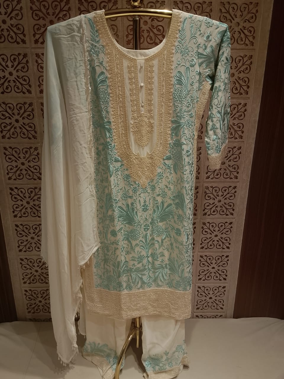 Elegant Mint Blue & Off-White Floral Palazzo Suit Set