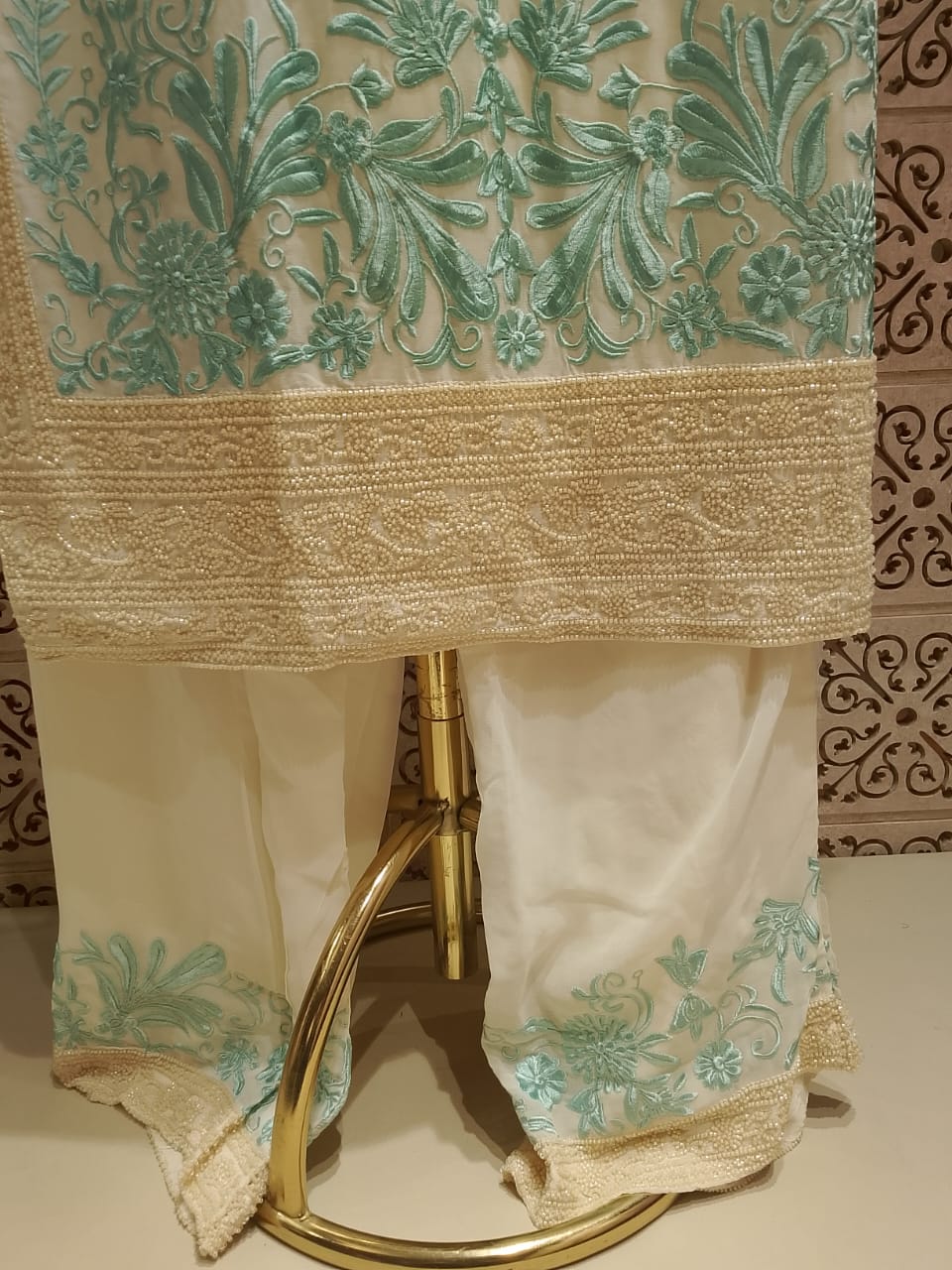 Elegant Mint Blue & Off-White Floral Palazzo Suit Set