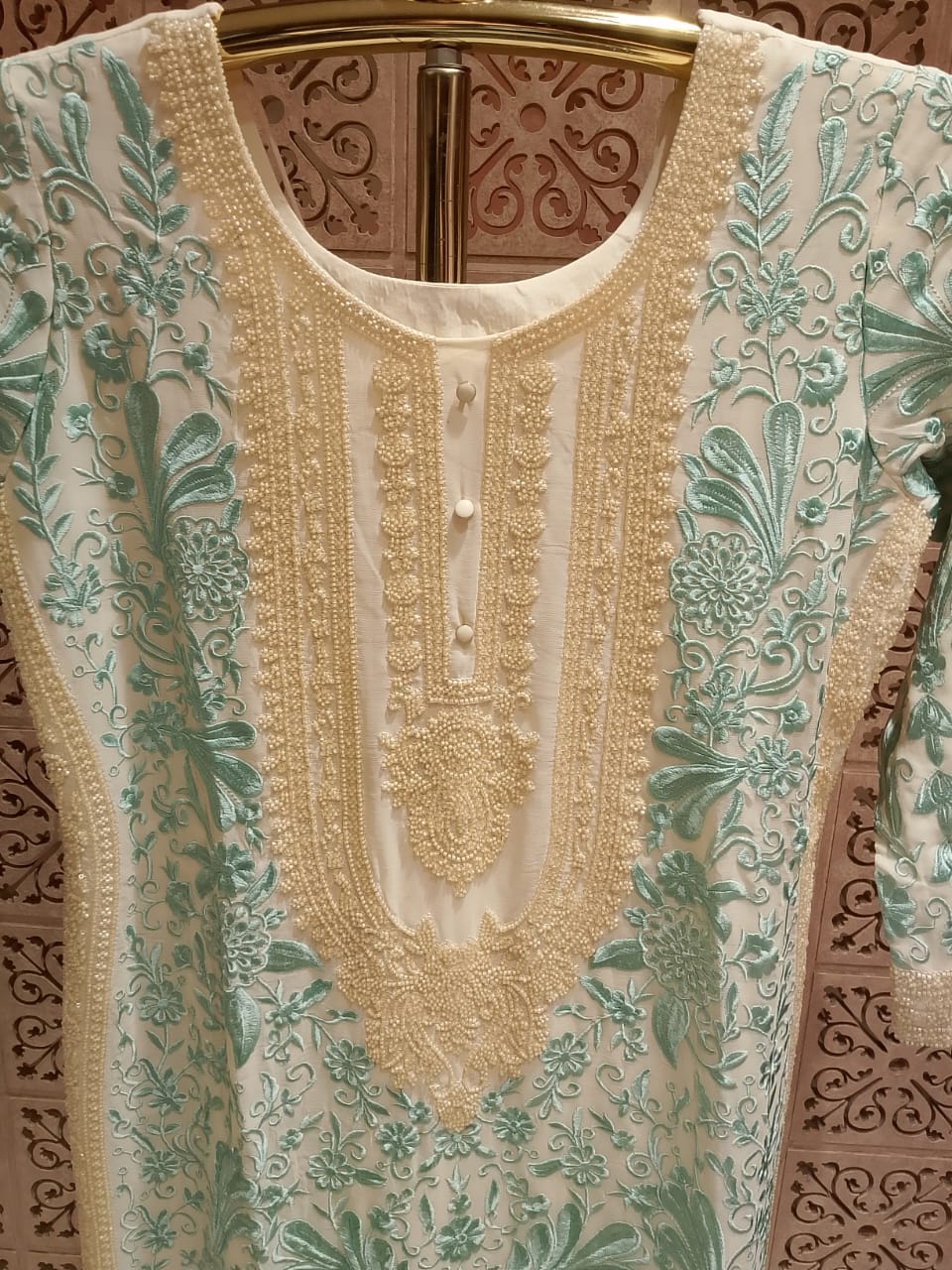 Elegant Mint Blue & Off-White Floral Palazzo Suit Set