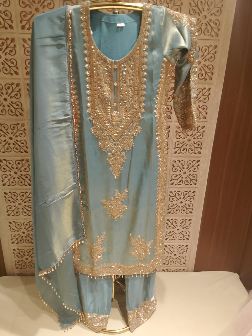 Majestic Sea Green Silk Straight Kurta & Palazzo Suit Set