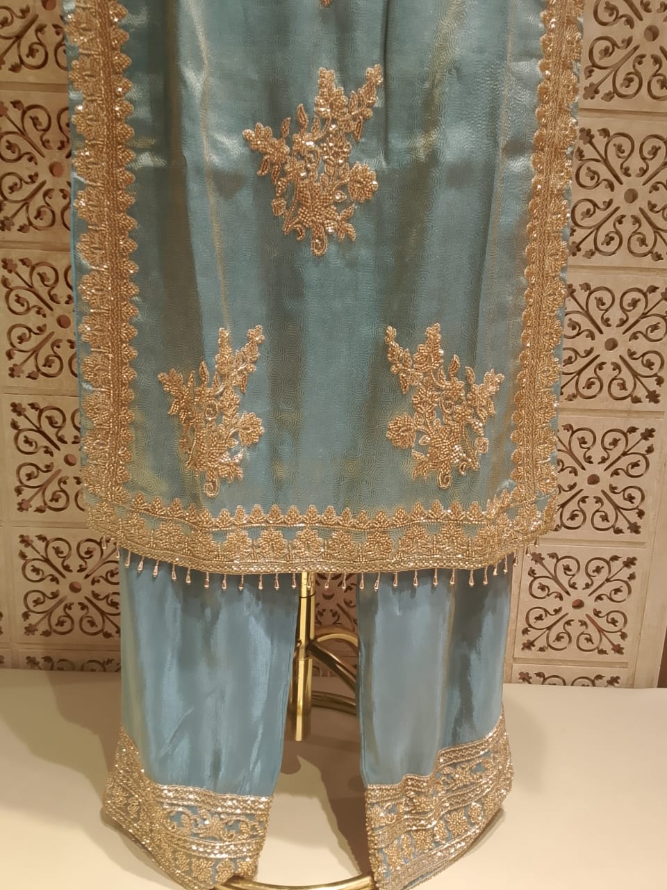 Majestic Sea Green Silk Straight Kurta & Palazzo Suit Set