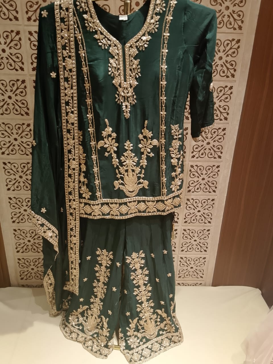Regal Emerald Green Silk Palazzo Suit Set.