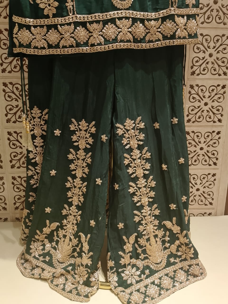 Regal Emerald Green Silk Palazzo Suit Set.