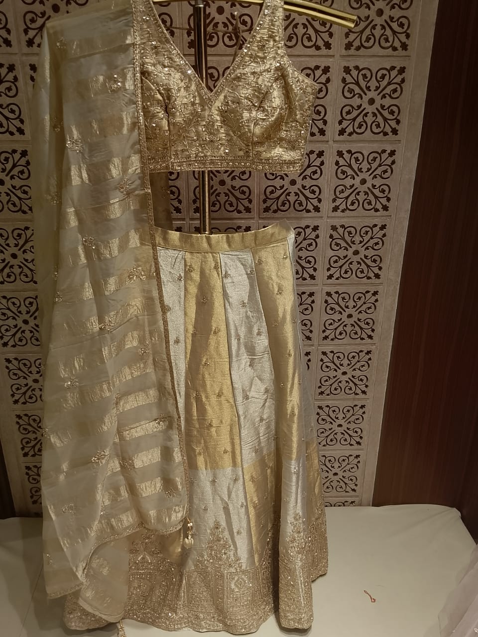 Regal Ivory & Champagne Gold Brocade Lehenga Choli Set.