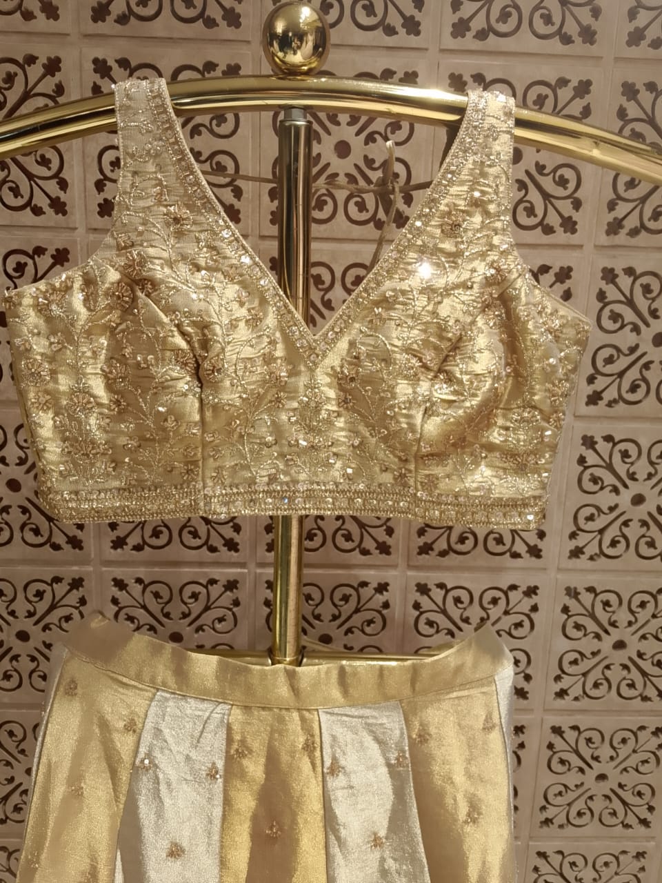 Regal Ivory & Champagne Gold Brocade Lehenga Choli Set.