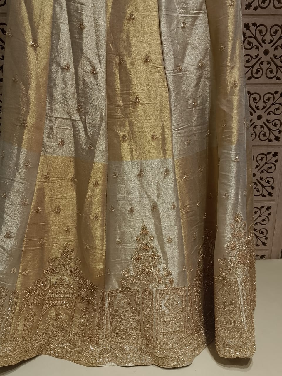 Regal Ivory & Champagne Gold Brocade Lehenga Choli Set.