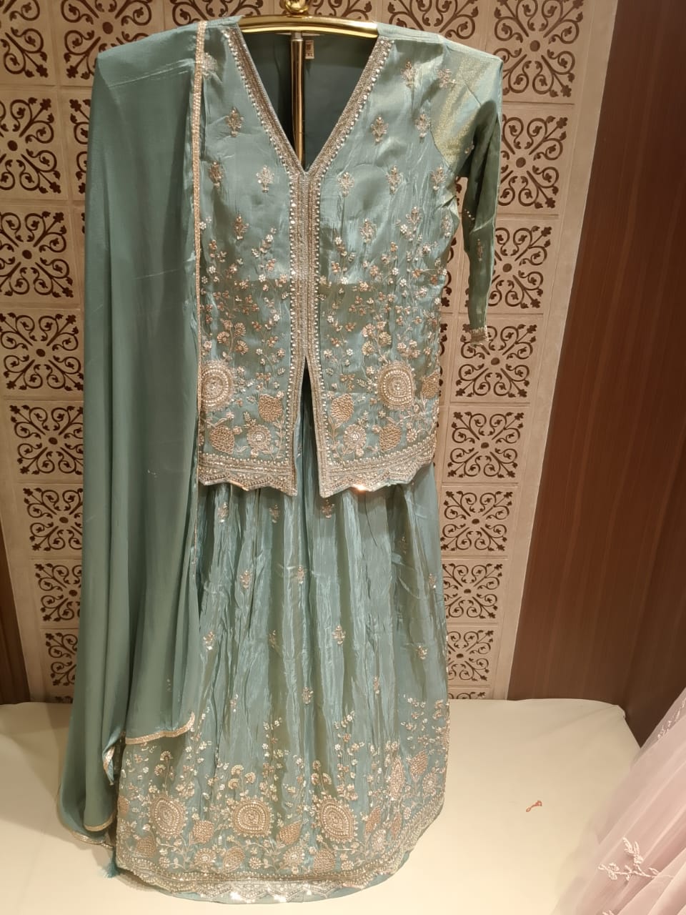 Graceful Sage Green Simmer Silk Lehenga Style Suit Set