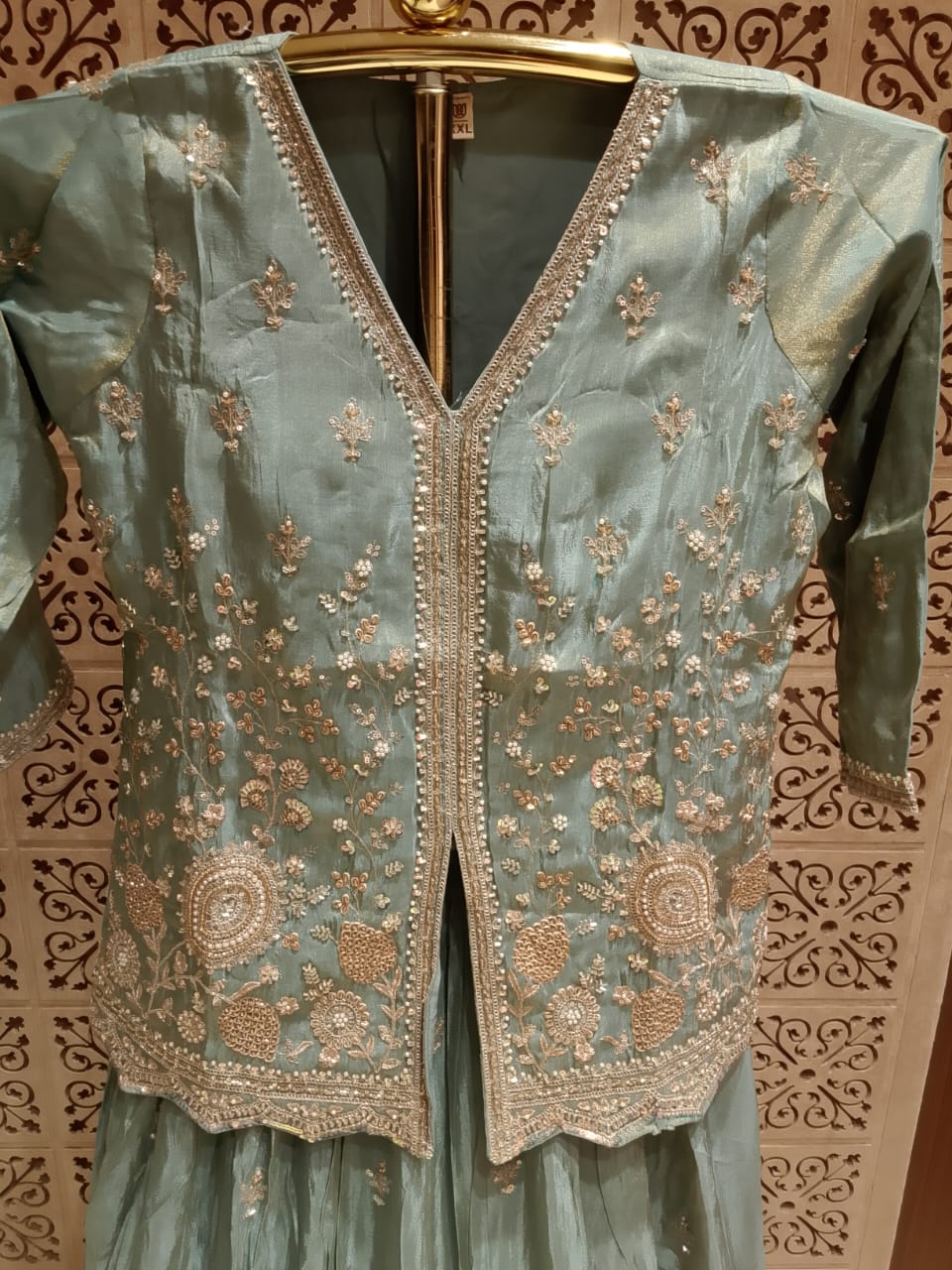 Graceful Sage Green Simmer Silk Lehenga Style Suit Set