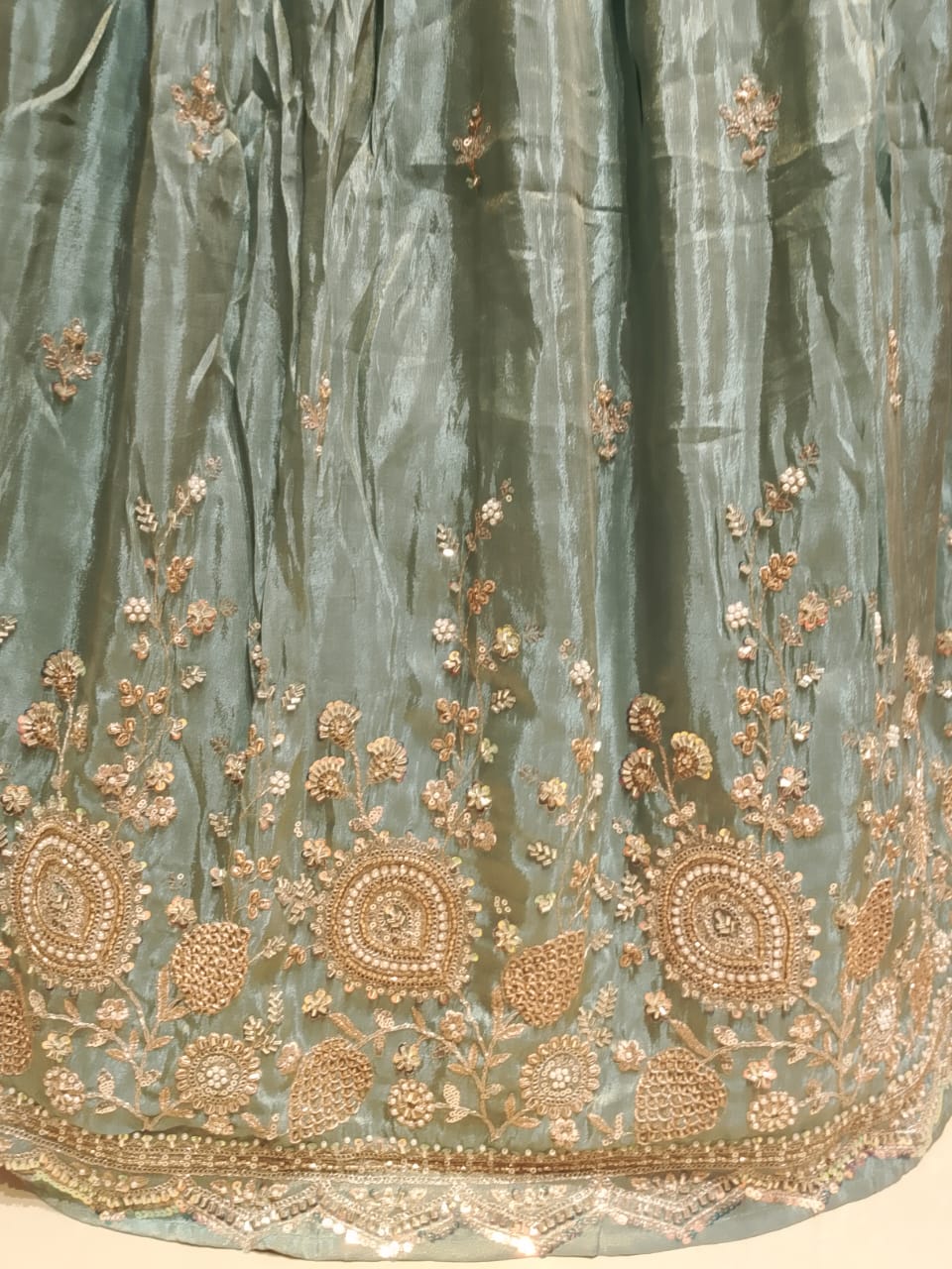 Graceful Sage Green Simmer Silk Lehenga Style Suit Set