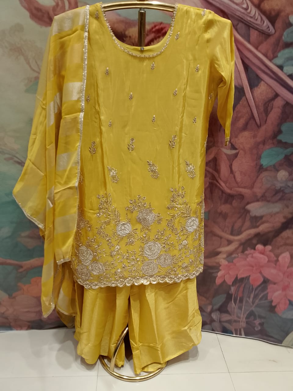 Radiant Mustard Yellow Hand Embroidered Silk Palazzo Suit Set Plus Size.