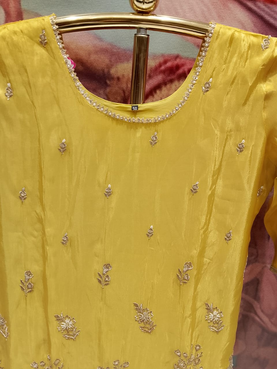 Radiant Mustard Yellow Hand Embroidered Silk Palazzo Suit Set Plus Size.