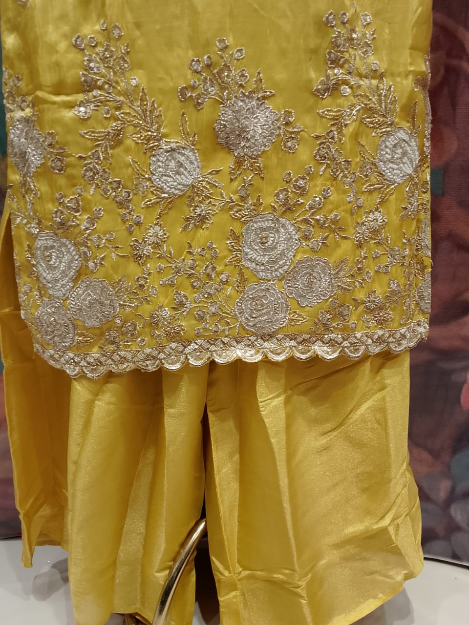 Radiant Mustard Yellow Hand Embroidered Silk Palazzo Suit Set Plus Size.