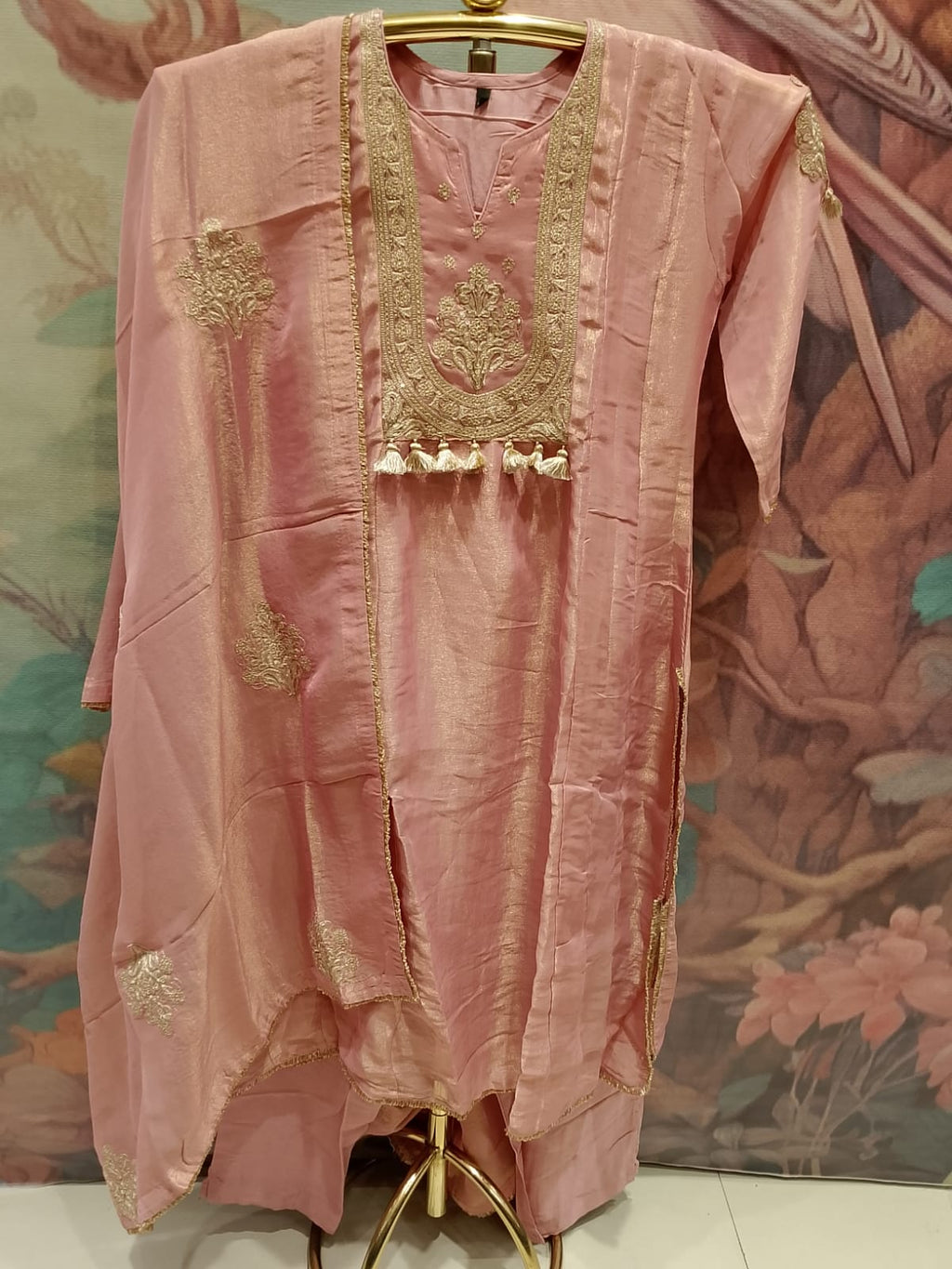 Charming Soft Pink Simmer Silk Anarkali Kurta & Pant Set Plus Size.