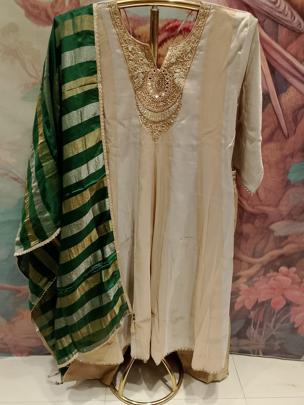Elegant Ivory Cream & Emerald Green Striped Silk Anarkali Suit Set Plus SIZE.