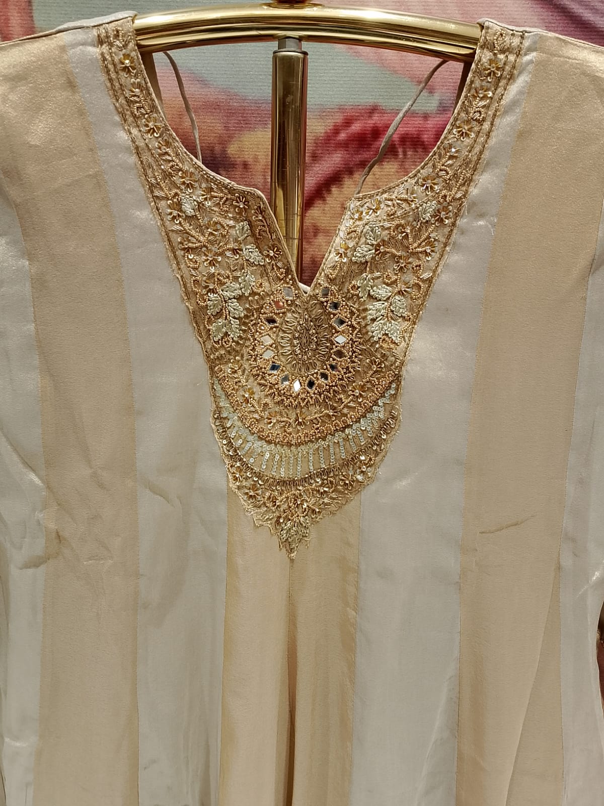 Elegant Ivory Cream & Emerald Green Striped Silk Anarkali Suit Set Plus SIZE.