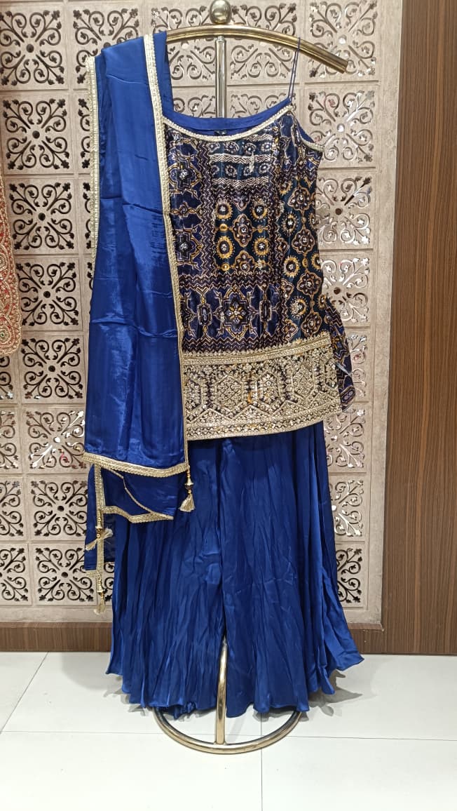 Opulent Navy Blue Bandhani Print & Embroidered Sharara Set.