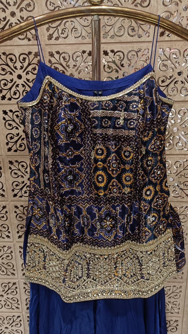 Opulent Navy Blue Bandhani Print & Embroidered Sharara Set.