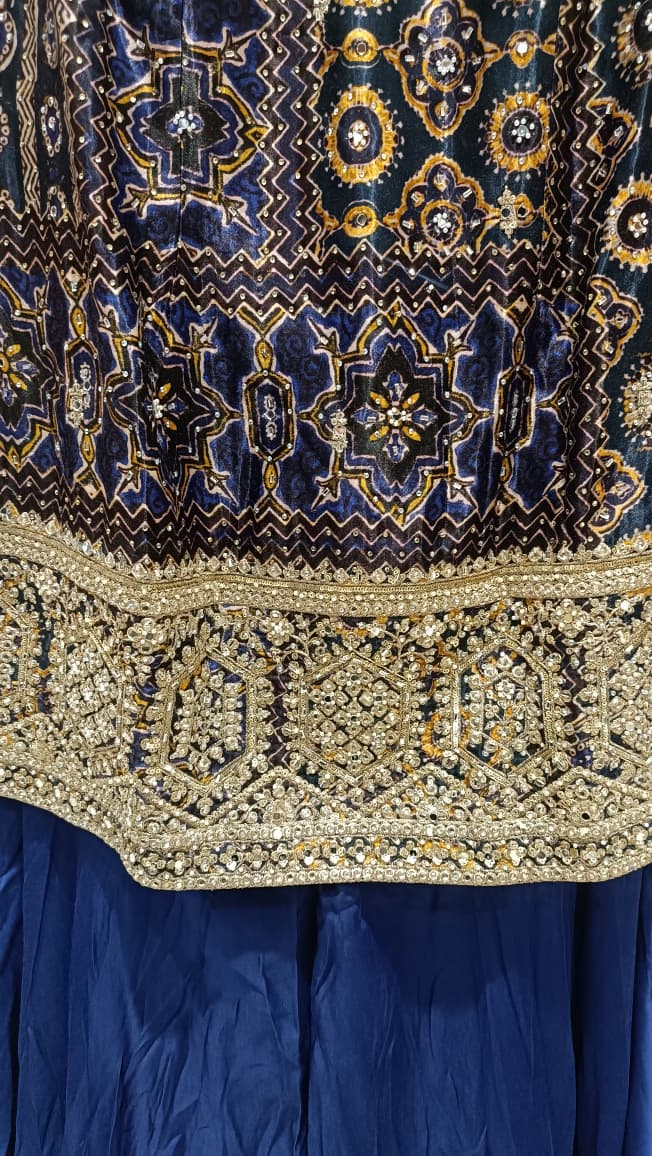 Opulent Navy Blue Bandhani Print & Embroidered Sharara Set.
