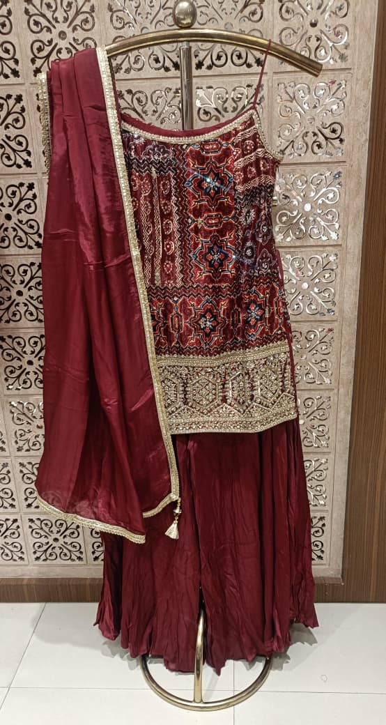 Regal Wine Maroon Bandhani Print & Embroidered Palazzo Set