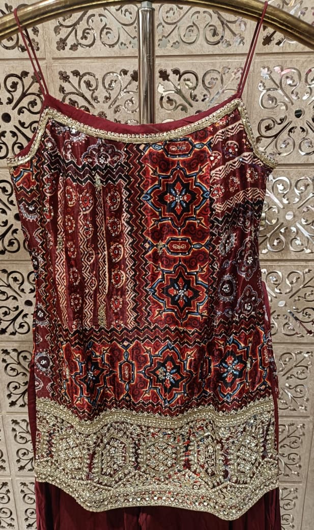 Regal Wine Maroon Bandhani Print & Embroidered Palazzo Set
