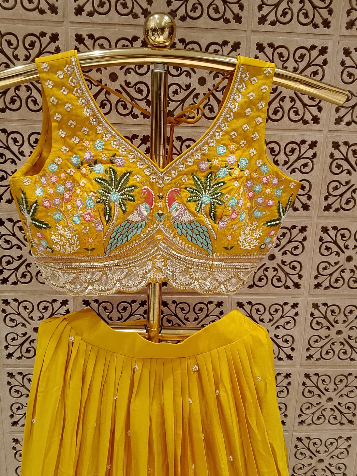 Mayuri Mustard Yellow Embroidered Silk Lehenga Choli Set.
