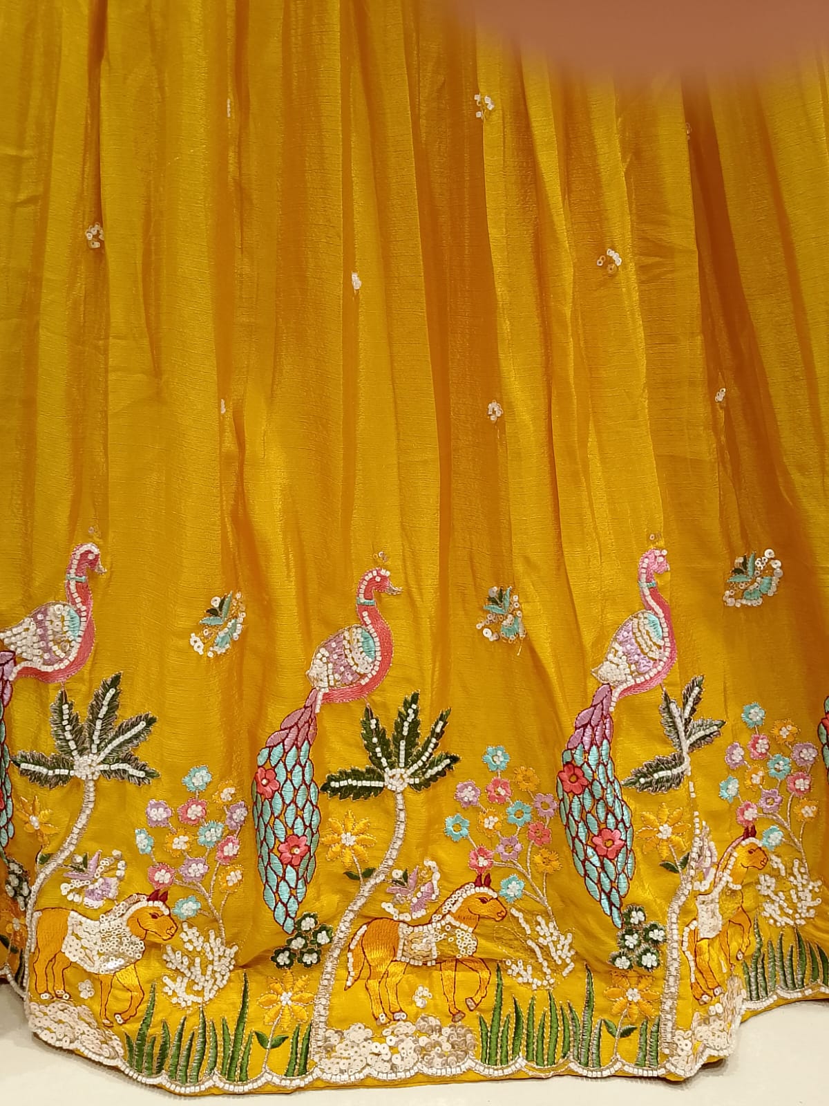 Mayuri Mustard Yellow Embroidered Silk Lehenga Choli Set.