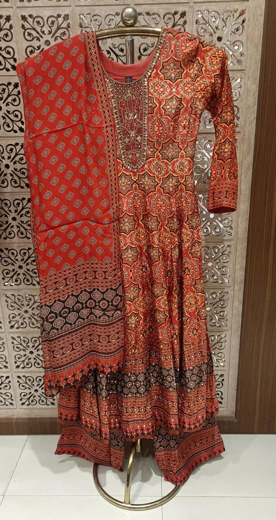 Aarunya Rust Red Ajrakh Print Anarkali Suit Set.