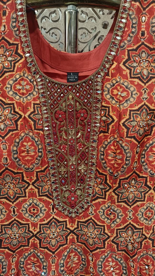 Aarunya Rust Red Ajrakh Print Anarkali Suit Set.