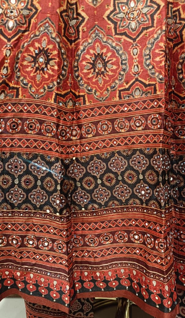 Aarunya Rust Red Ajrakh Print Anarkali Suit Set.