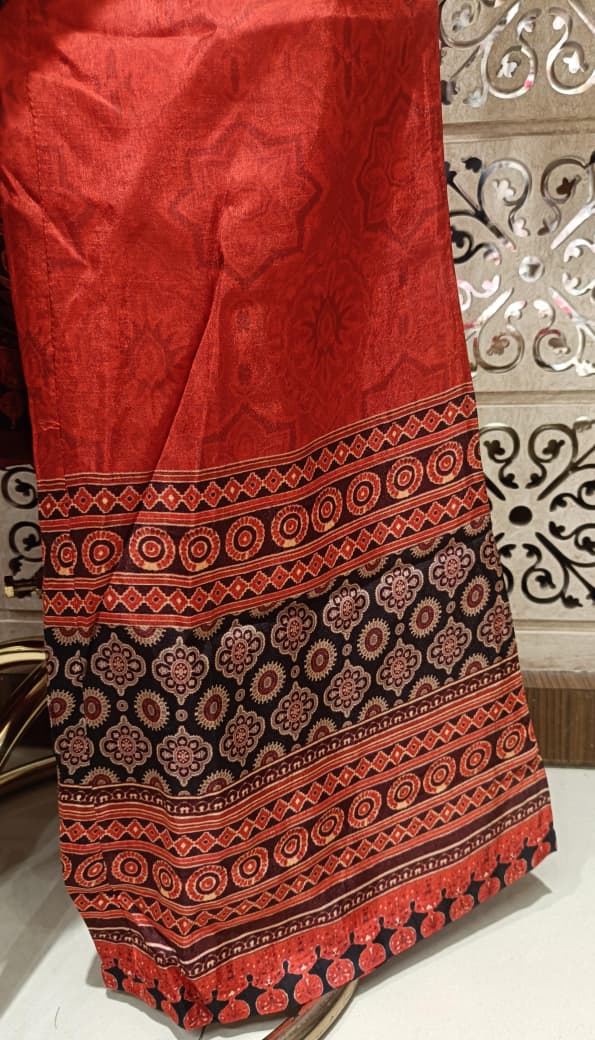 Aarunya Rust Red Ajrakh Print Anarkali Suit Set.
