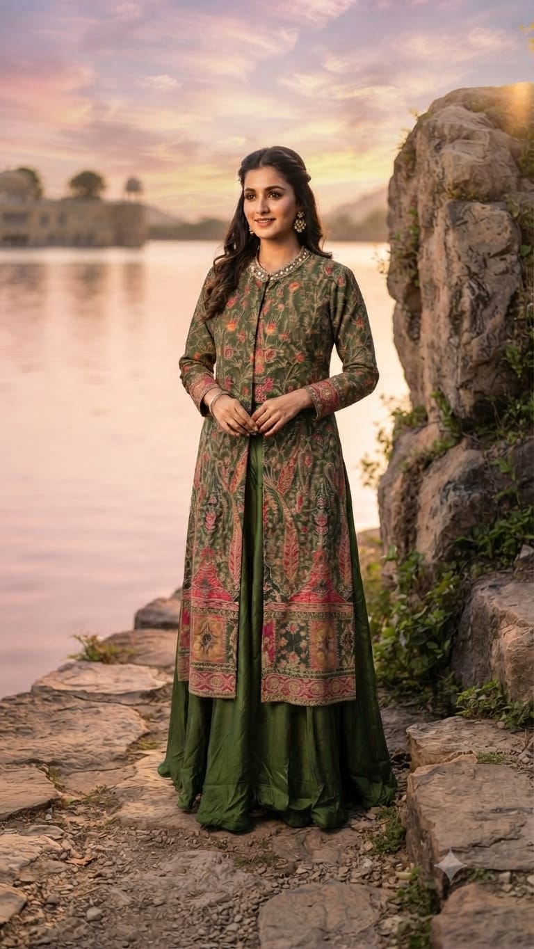 Olive Green Embroidered Jacket Palazzo Set.