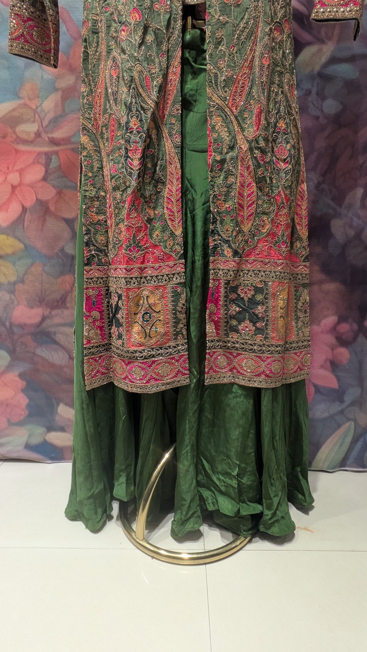 Olive Green Embroidered Jacket Palazzo Set.