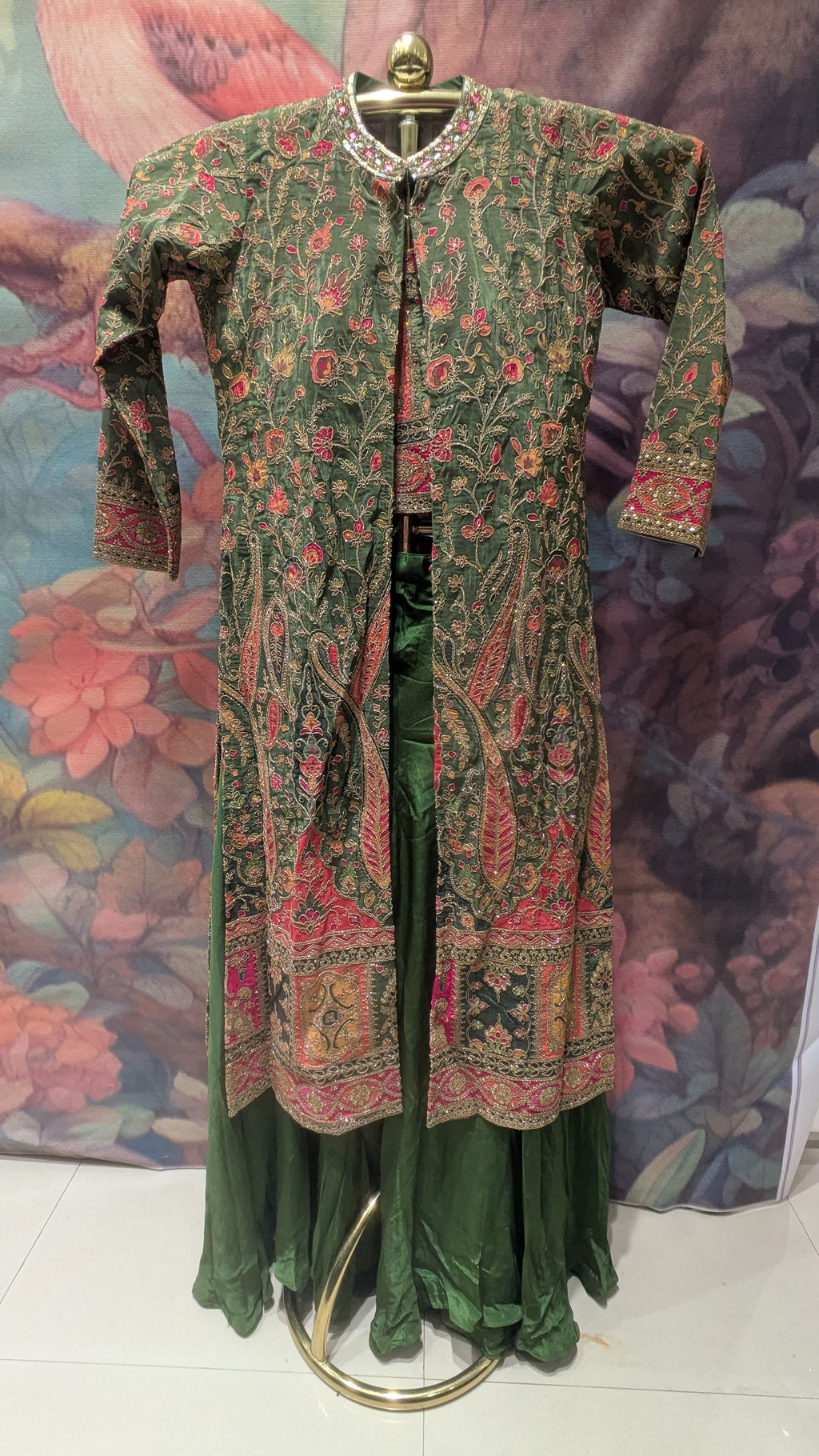 Olive Green Embroidered Jacket Palazzo Set.